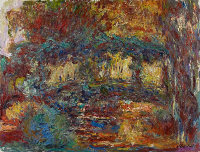 A highly impressionistic Japanese Bridge in russet browns, deep greens and mustard yellows.