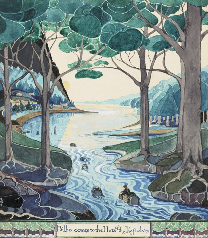 JRR Tolkien, Bilbo comes to the Huts of the Raft-elves, an illustration for the first edition of The Hobbit, 1947.jpg