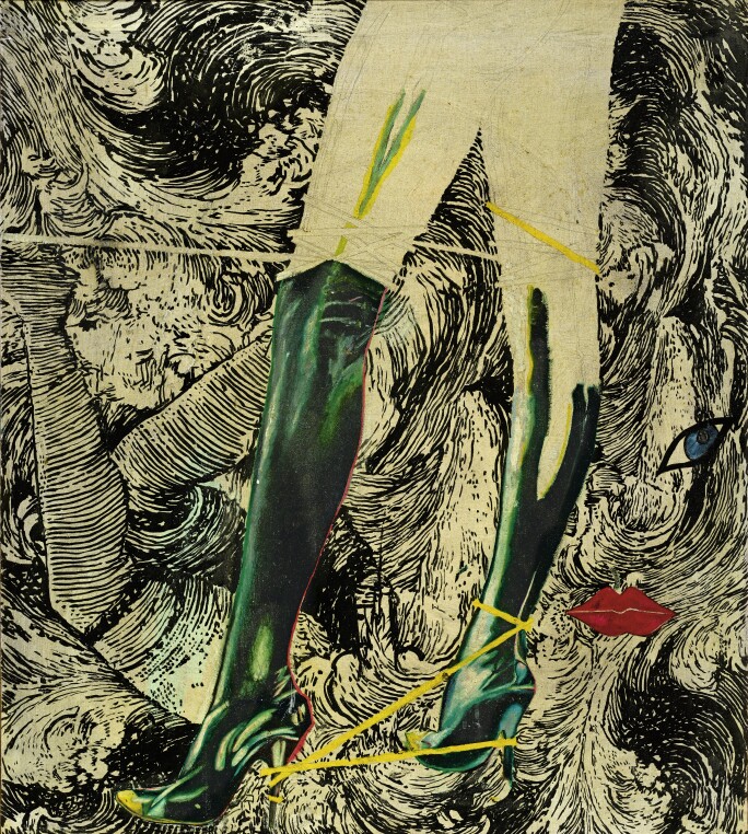 A drawing of a figure in green stiletto boots