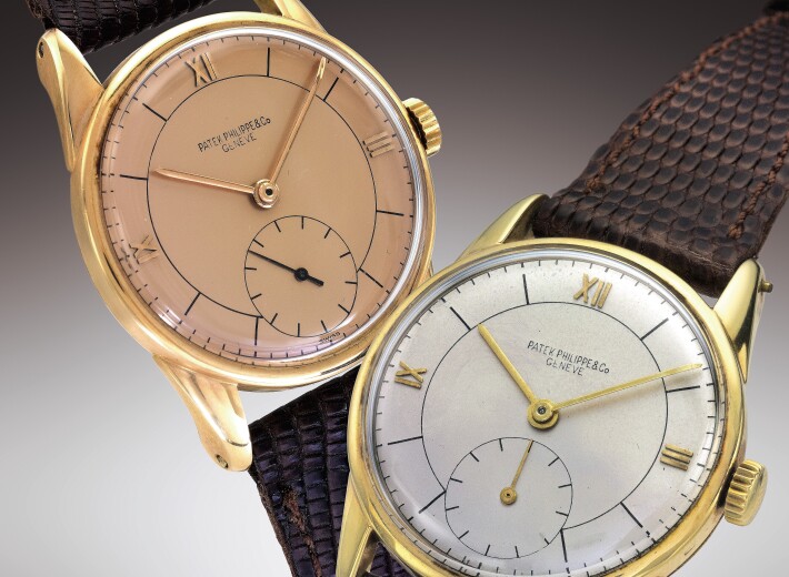 Two men's vintage patek philippe watches in an auction selling patek philippe watches