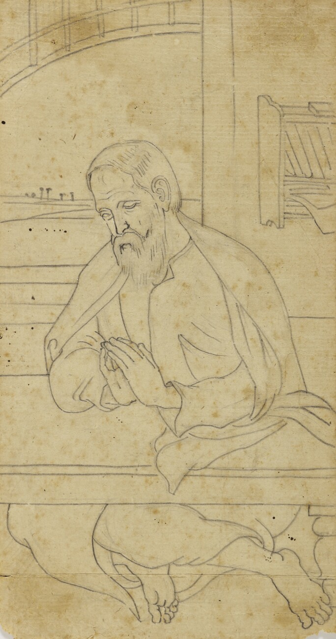 A drawing of a man praying at a table.