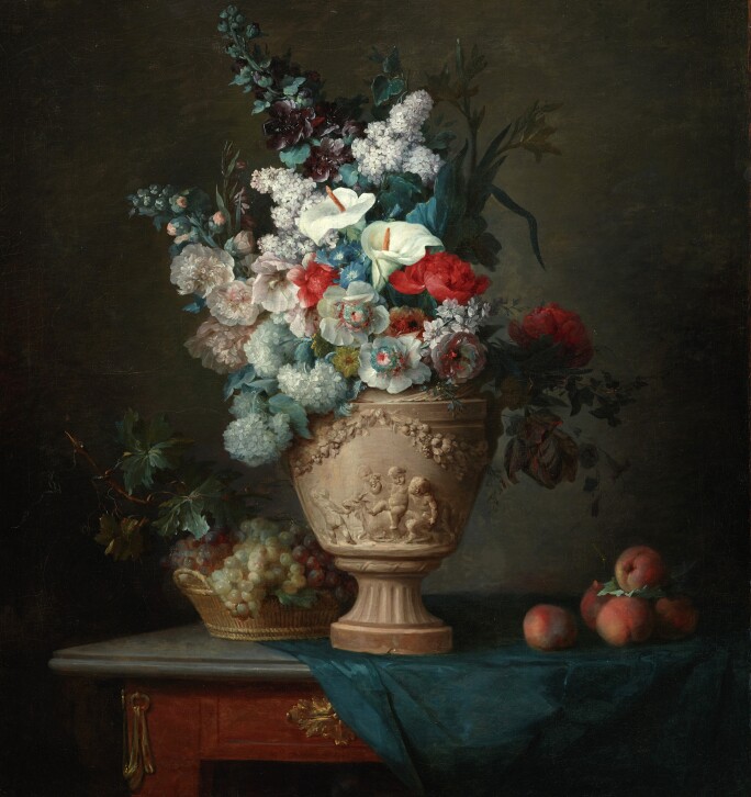 Anne Vallayer-Coster, Bouquet of Flowers in a Terracotta Vase with Peaches and Grapes, 1776