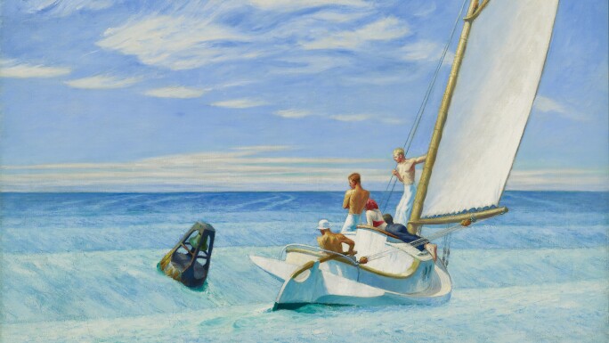 A group of men, shirtless, in a small sailboat on the crystal blue sea.