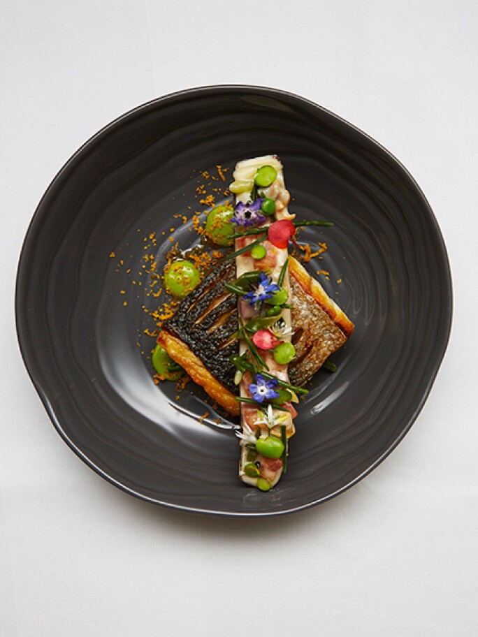 WILD SEA BASS, OYSTER EMULSION, SMOKED BACON, RAZOR CLAM RAGOUT, SEA VEGETABLES , CURED EGG YOLK a dish available at Sotheby's Restaurant