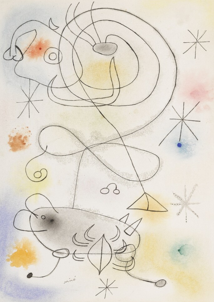 Lot 319, Joan Miró, Femme, oiseau, étoiles, watercolor, pastel, pen and ink and pencil on paper, 1942, Impressionist & Modern Art Day Sale, 13 November 2018. Estimate $120,000–180,000..jpg