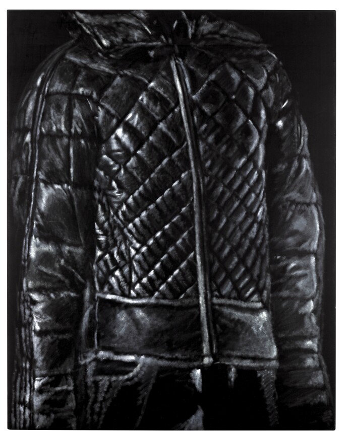 A painting of a black leather jacket