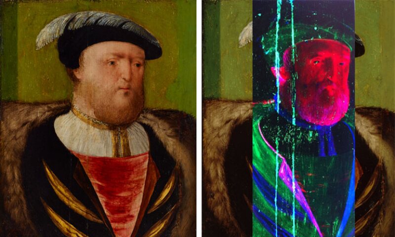 Anglo-Flemish workshop, Henry VIII, c. 1540 (left) and with insert of false colour synchrotron-sourced X-ray fluorescence data map (right), Art Gallery of New South Wales