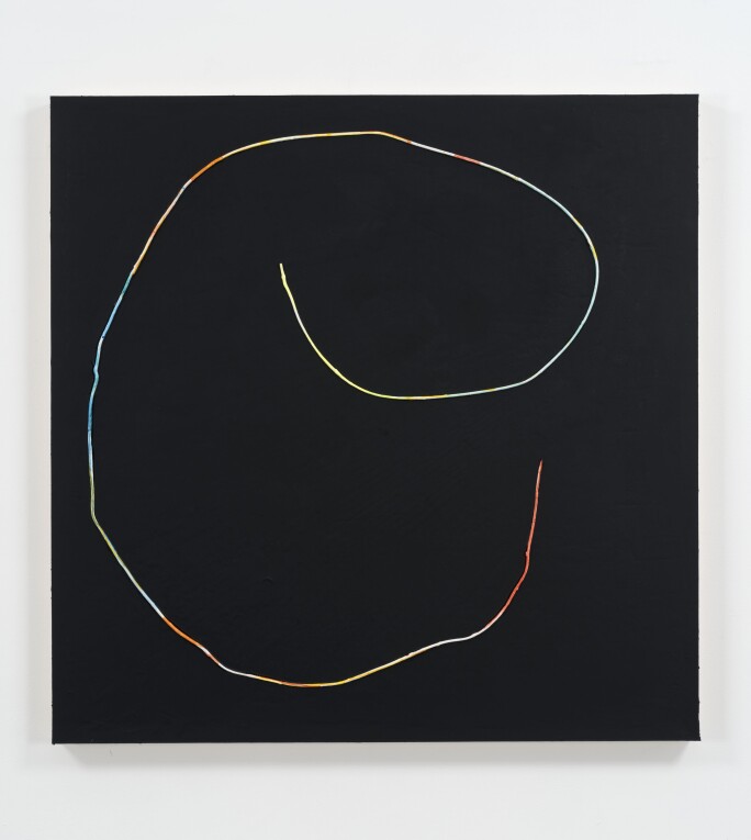 black painting with multicolored line in a circular shape