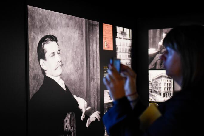 London, UK. 23rd May, 2017. An image of Louis-Francois Cartier is seen at the press preview of "Cartier in Motion", an exhibition on Cartier, co-curated by celebrated architect Lord Norman Foster and Design Museum director Deyan Sudjic, at the Design Muse