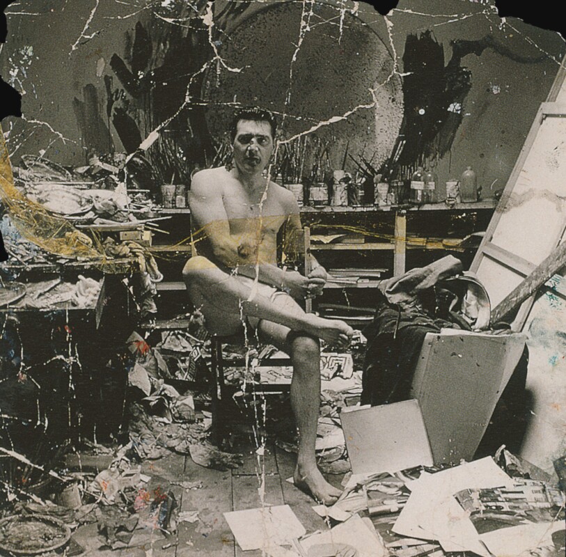 Black and white photograph (torn fragment) of George Dyer in Francis Bacon’s Reece Mews studio
