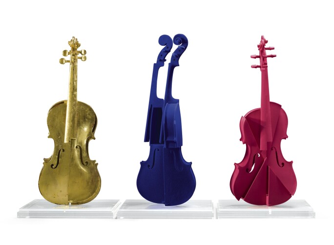 Three violins on pedestals, in gold, blue and pink.