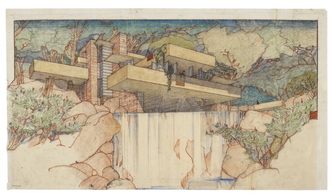 Frank Lloyd Wright, Fallingwater (Kaufmann House), Mill Run, Pennsylvania, perspective from the south