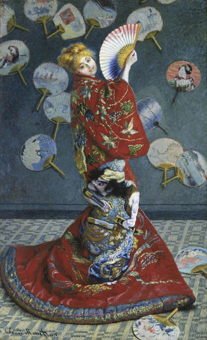A painting of Camille Monet dressed as a geisha in an elaborate red robe, looking over her shoulder, with a fan.