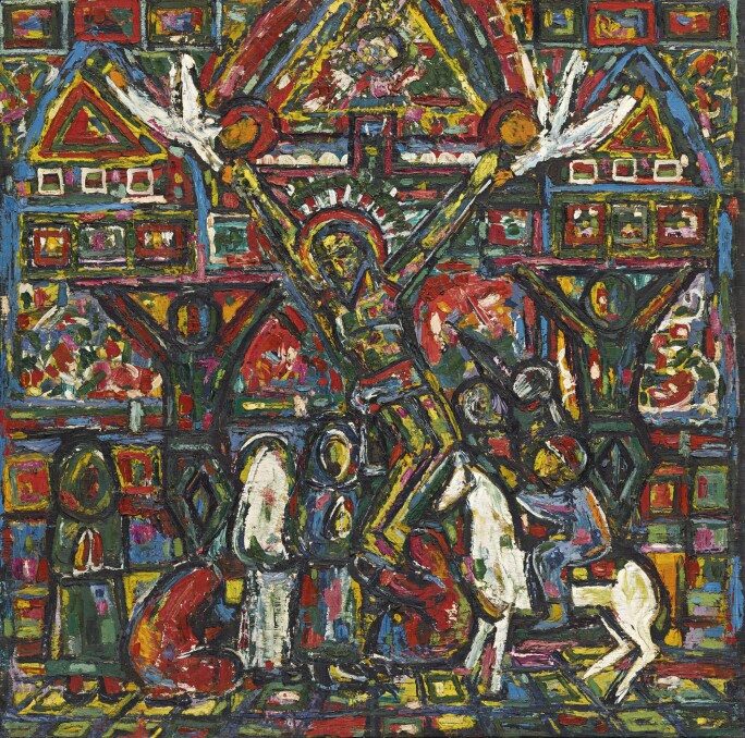 colorful painting with scene of crucifixion