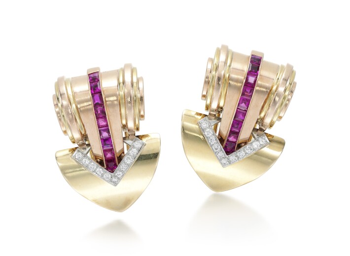 Tiffany & Co ruby diamond clip brooches