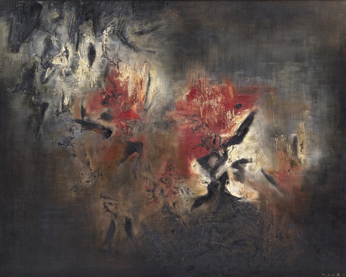 A Zao Wou-ki painting with a dark brown and black background and bold red and white passages.