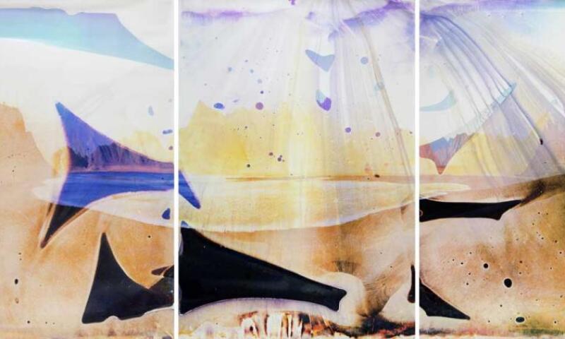 Matthew Brandt, Lake Isabella CA TC 2, 2014, Three chromogenic prints soaked in Lake Isabella water, Each element: 91 13/16 x 65 in. Unique. Loan courtesy of Matthew Brandt and Yossi Milo Gallery. © Matthew Brandt.