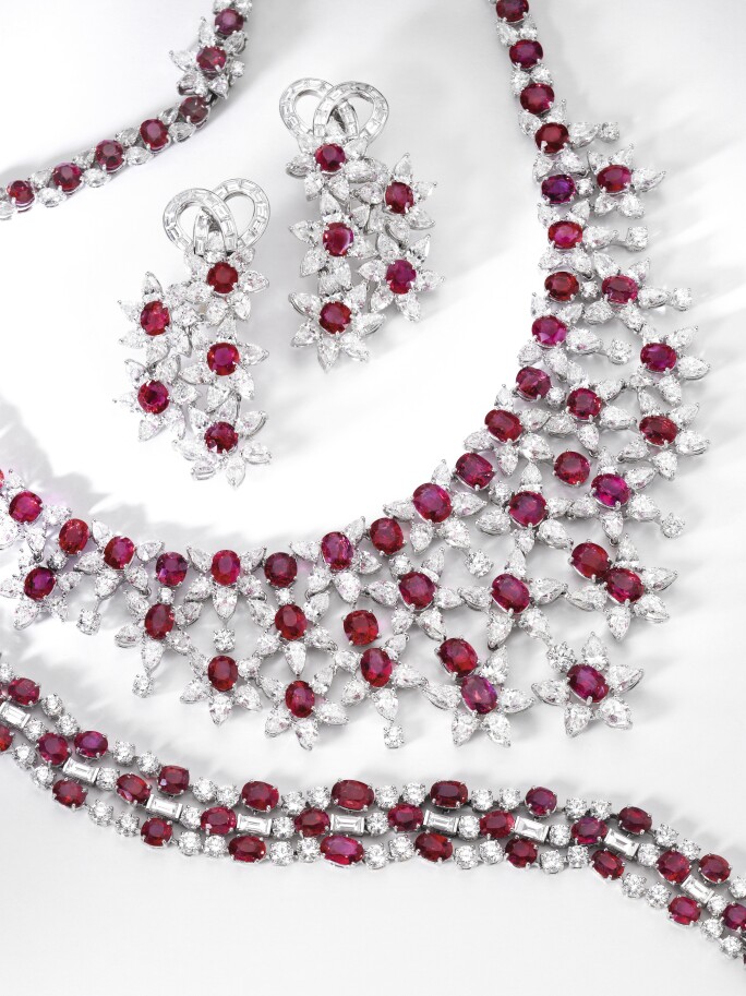 RUBY, PINK SAPPHIRE AND DIAMOND EARRINGS, BRACELET AND NECKLACE