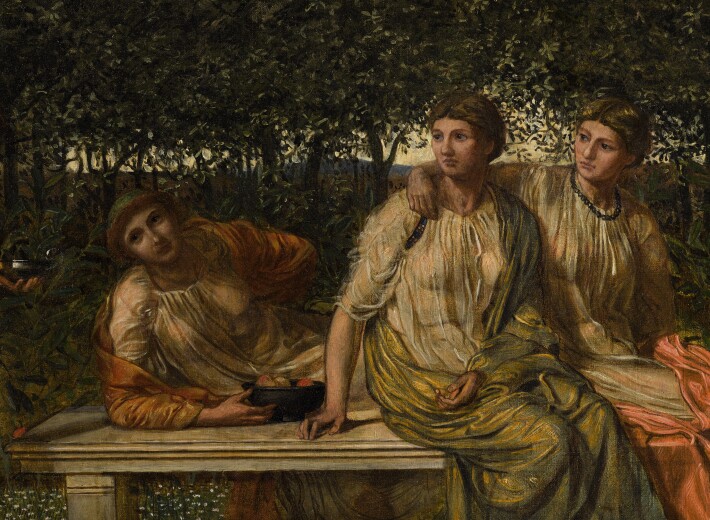 Victorian painting of muses in the woods in an auction selling victorian paintings