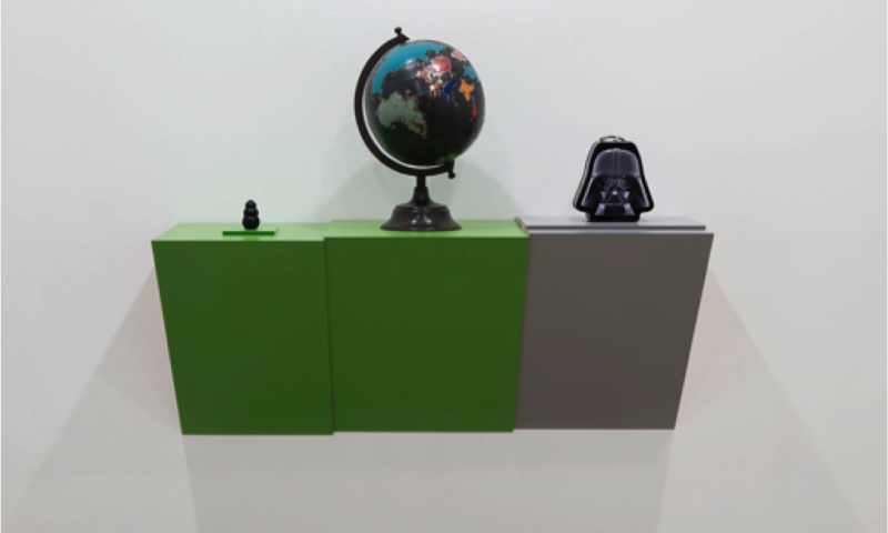 Haim Steinbach. Untitled (dog chew, globe, Darth Vader)