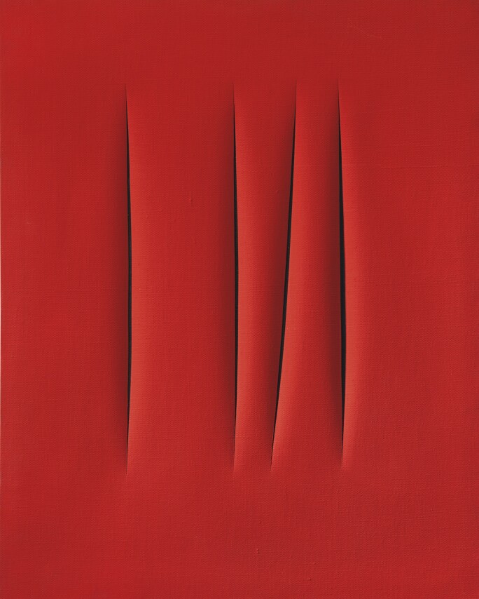 Lucio Fontana, Concetto Spaziale, Attese, 1966. Waterpaint on canvas, signed, titled and inscribed Questo quadro è stato finito un sabato mattina on the reverse.