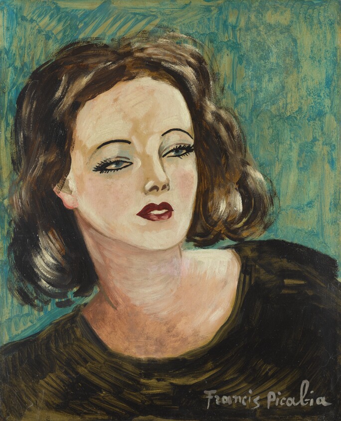 A painting of a young woman with short brown hair against a green background